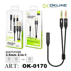 ART.OK-0170 OKLINE CAVO JACK 3.5MM FEMMINA A 2MASCHIO ADATTATORE SDOPPIATORE CUFFIE E MICROFONO NERO - koseakasa