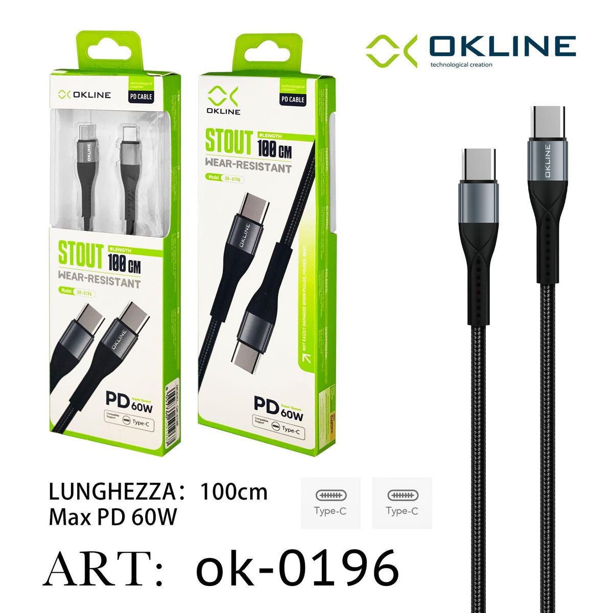 ART.OK-0196 OKLINE Type-C Type-C Cavo intrecciato 60W100cm Grigio - koseakasa