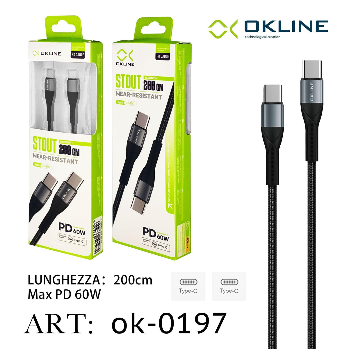 ART.OK-0197 OKLINE Type-C Type-C Cavo intrecciato 60W200cm Grigio - koseakasa
