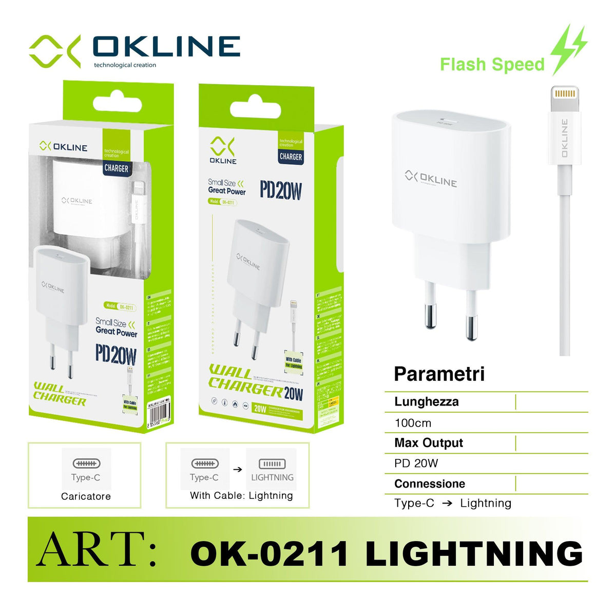 ART.OK-0211IP OKLINE Caricatore da muro PD20W Con Type-C Iphone Lightning Cavo Bianco - koseakasa