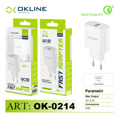 ART.OK-0214N OKLINE Caricatore da muro USBQC3.0 18W Bianco - koseakasa