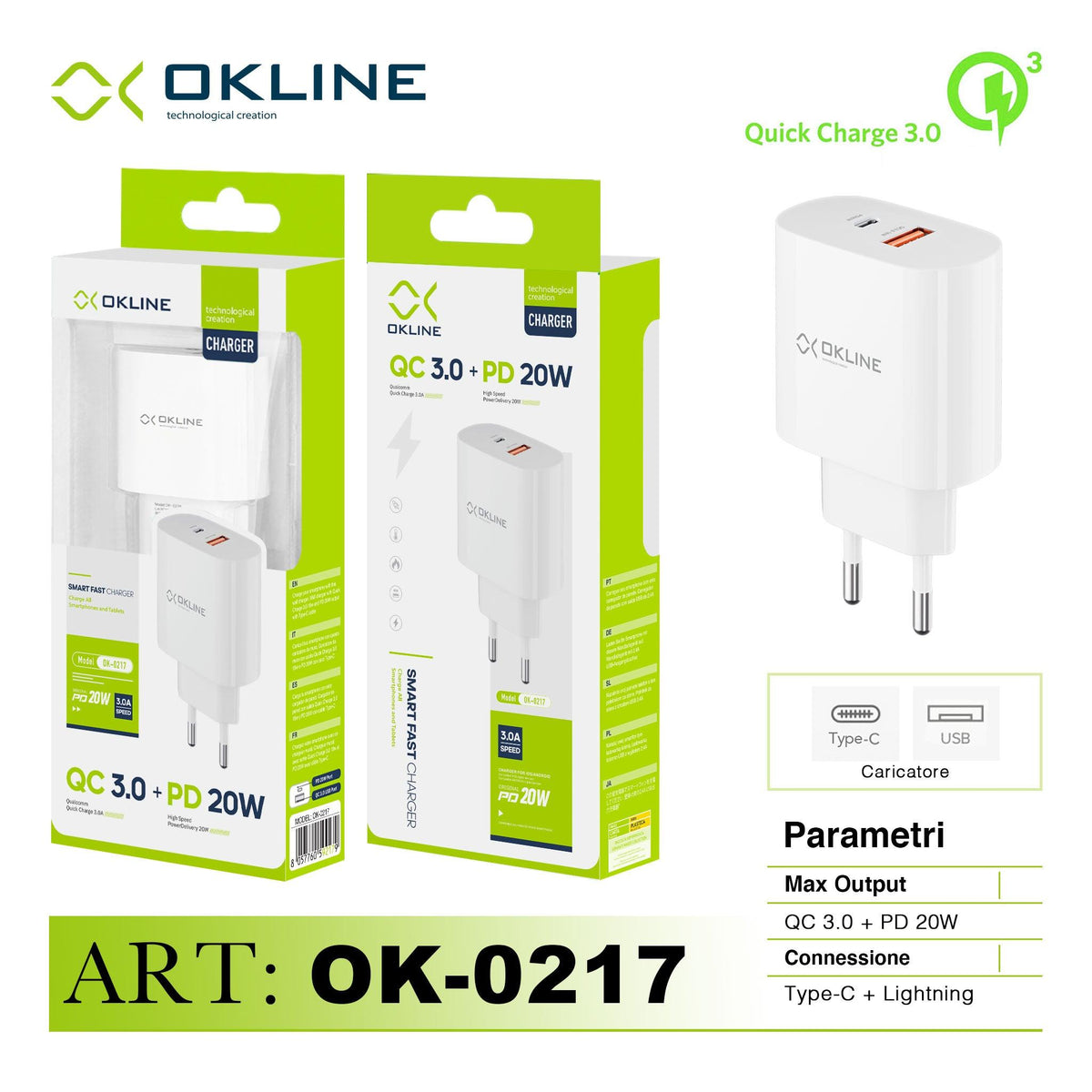 ART.OK-0217N OKLINE Caricatore da muro USBQC3.0 18W e PD20W Bianco - koseakasa
