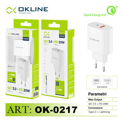ART.OK-0217N OKLINE Caricatore da muro USBQC3.0 18W e PD20W Bianco - koseakasa