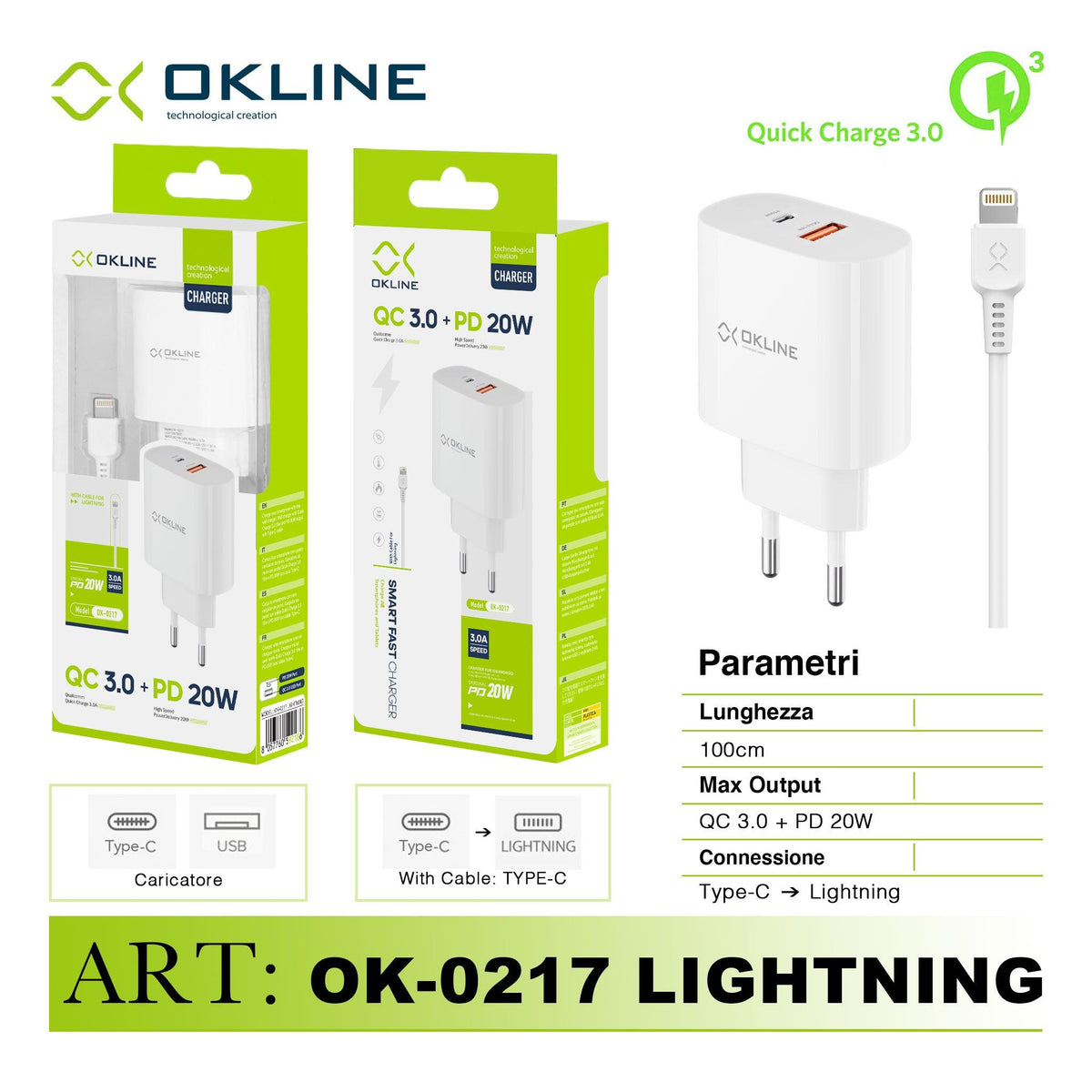 ART.OK-0217IP OKLINE Caricatore da muro USBQC3.0 18W e PD20W Con Type-C Iphone Lightning Cavo Bianco - koseakasa