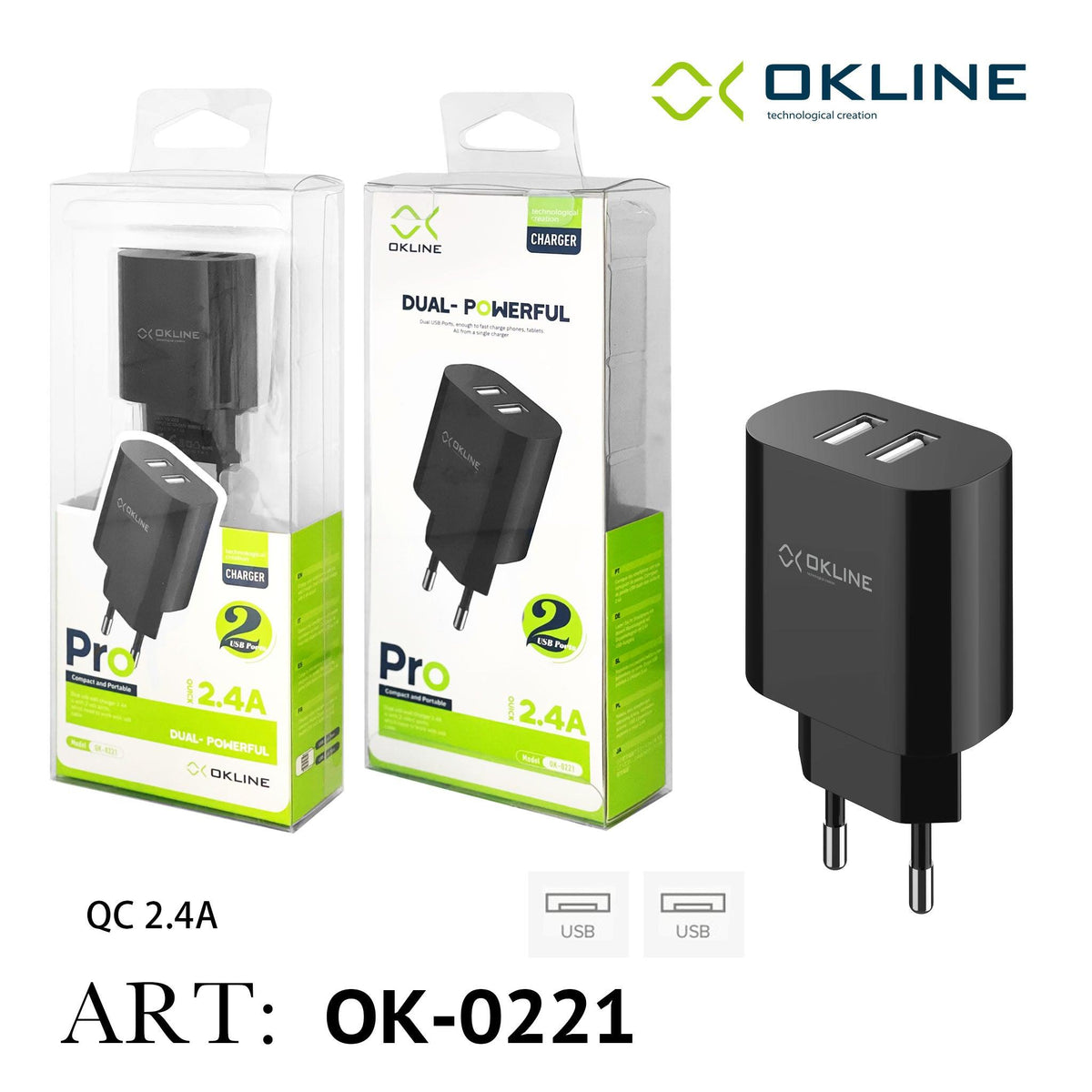 ART.OK-0221N OKLINE Caricatore da muro doppia USB 2.4A Nero - koseakasa