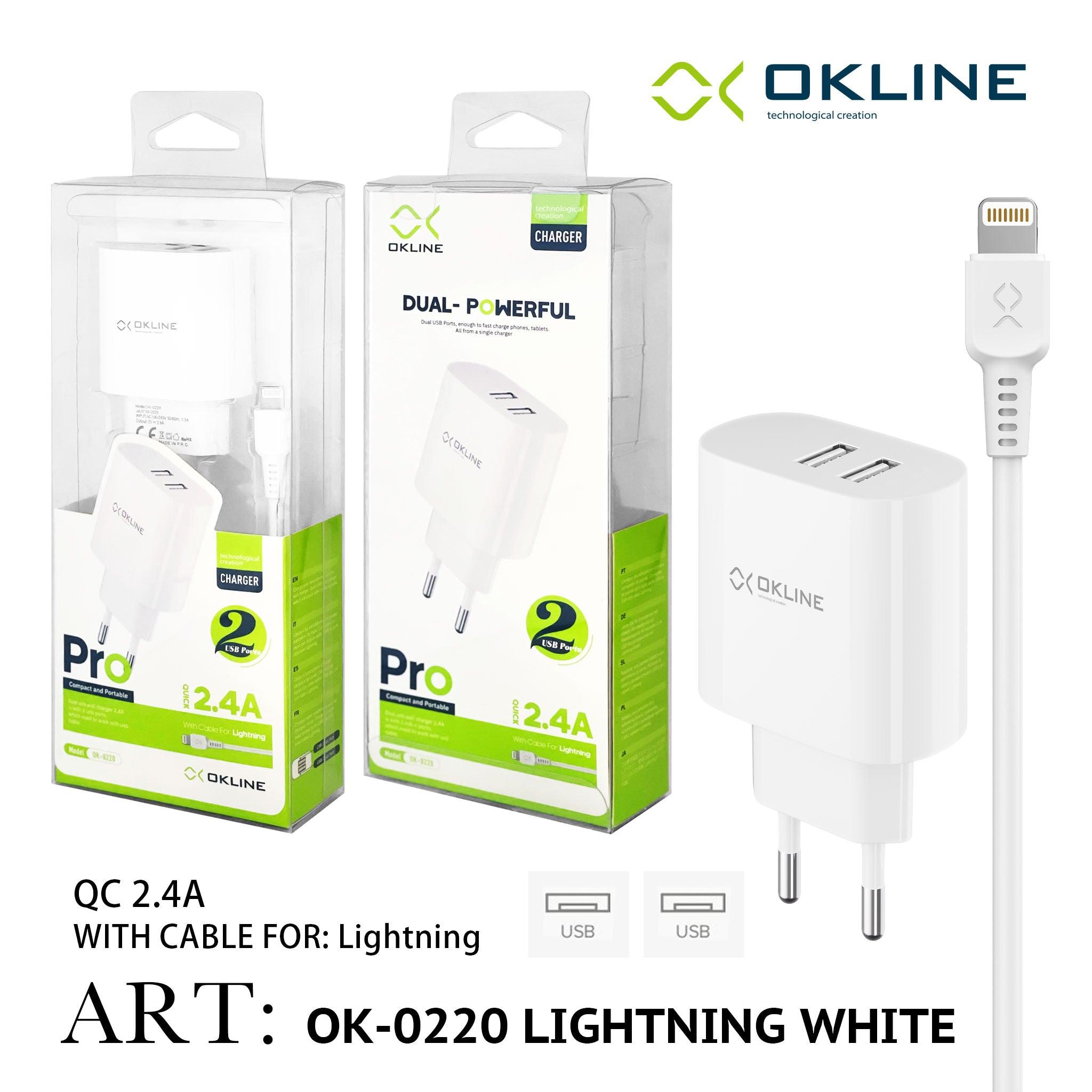 ART.OK-0220IP OKLINE Caricatore da muro doppia USB 2.4A Con Iphone Lightning USB Cavo Bianco - koseakasa