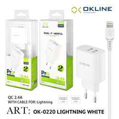 ART.OK-0220IP OKLINE Caricatore da muro doppia USB 2.4A Con Iphone Lightning USB Cavo Bianco - koseakasa