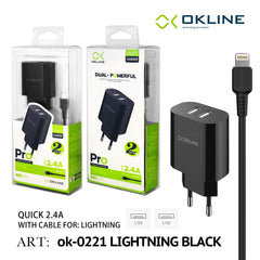 ART.OK-0221IP OKLINE Caricatore da muro doppia USB 2.4A Con Iphone Lightning USB Cavo Nero - koseakasa