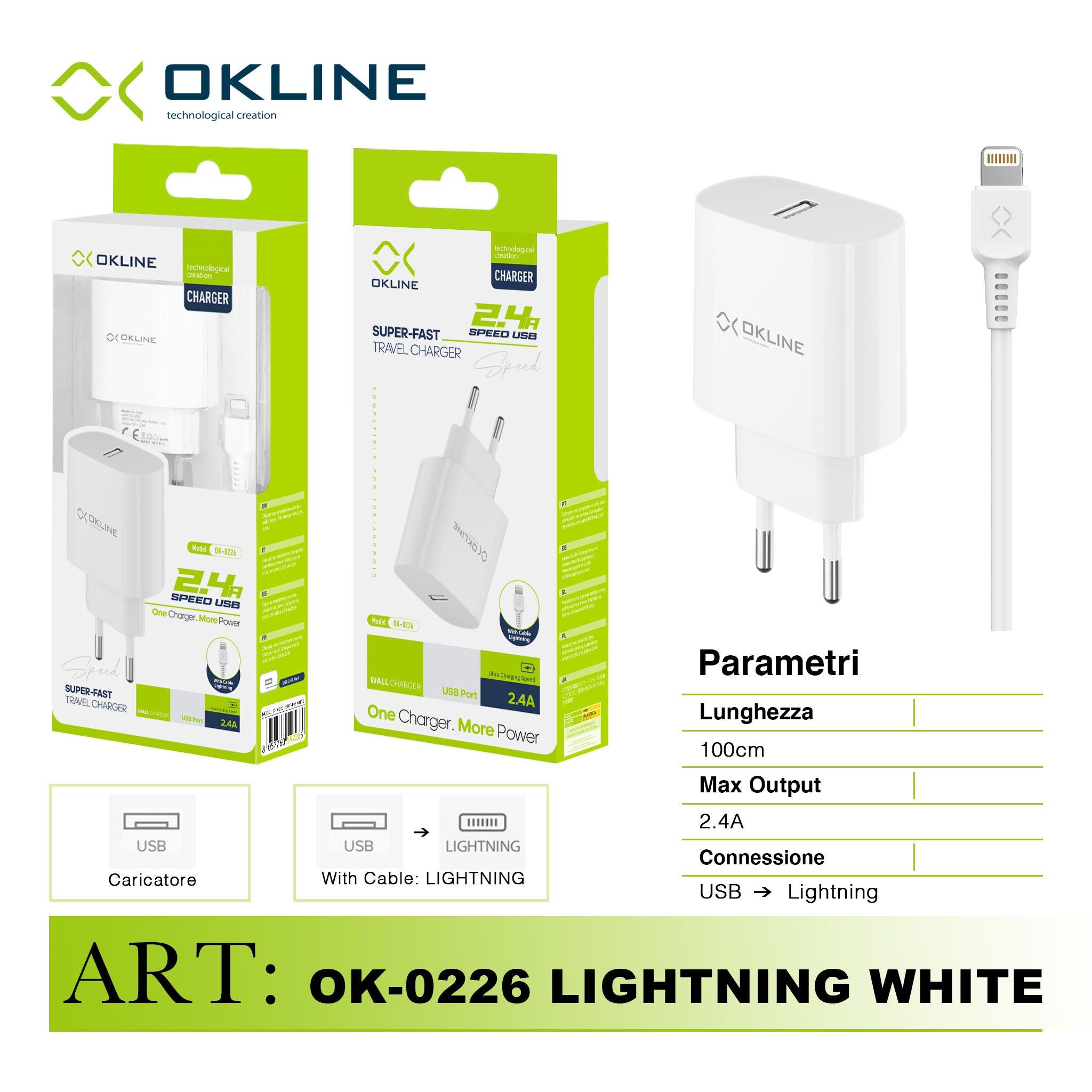 ART.OK-0226IP OKLINE Caricatore da muro USB 2.4A Con Iphone Lightning USB Cavo Bianco - koseakasa