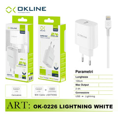 ART.OK-0226IP OKLINE Caricatore da muro USB 2.4A Con Iphone Lightning USB Cavo Bianco - koseakasa