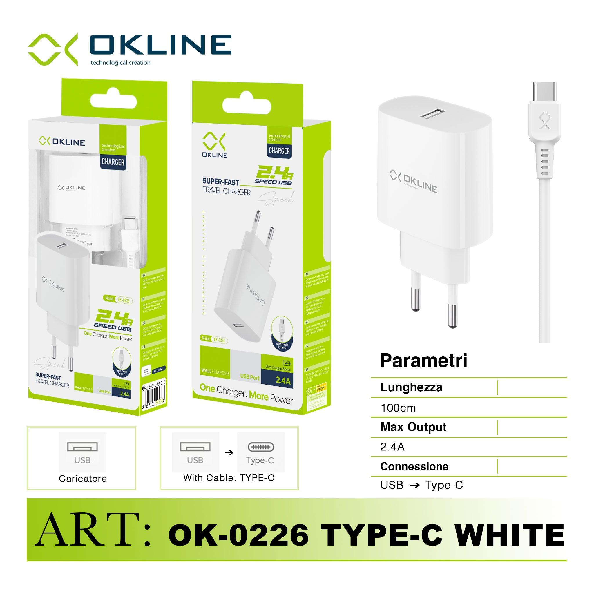 ART.OK-0226TC OKLINE Caricatore da muro USB 2.4A Con Type-C USB Cavo Bianco - koseakasa