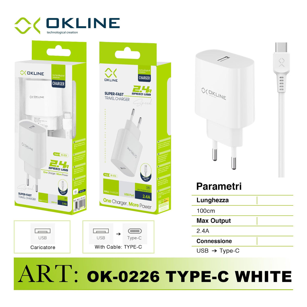 ART.OK-0226TC OKLINE Caricatore da muro USB 2.4A Con Type-C USB Cavo Bianco - koseakasa