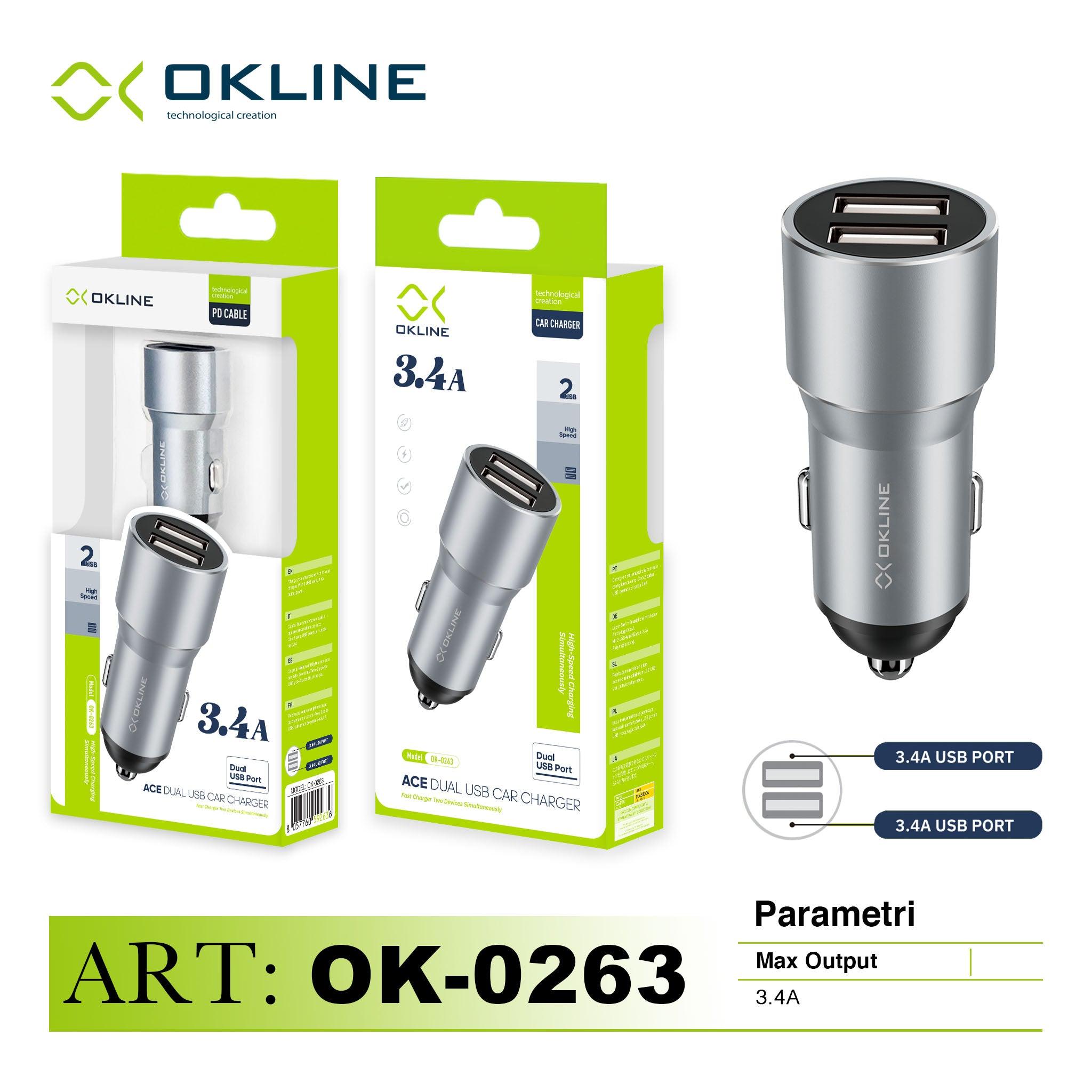 ART.OK-0263N OKLINE 2USB Caricatore Auto 3.4A Grigio - koseakasa