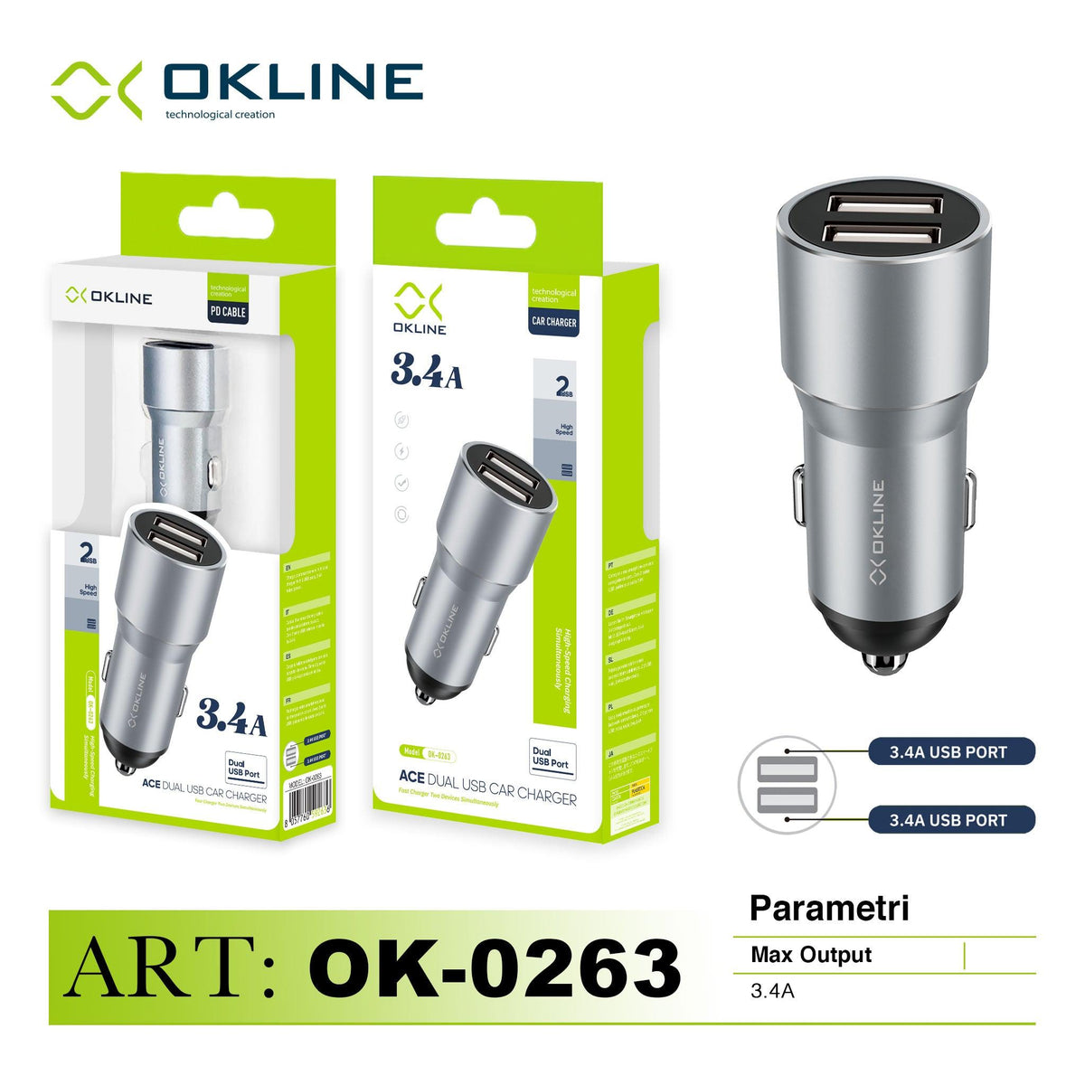 ART.OK-0263N OKLINE 2USB Caricatore Auto 3.4A Grigio - koseakasa