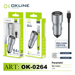 ART.OK-0263IP OKLINE 2USB Caricatore Auto 3.4A Con Iphone Lightning USB Cavo Grigio - koseakasa