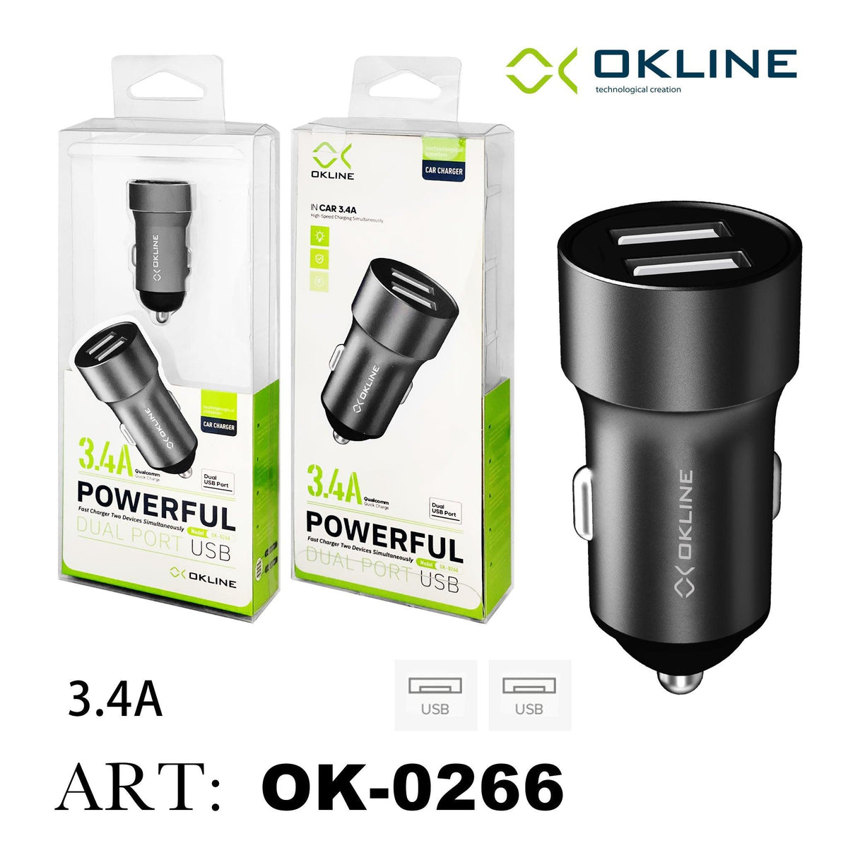 ART.OK-0266N OKLINE Powerful 2USB Caricatore Auto 3.4A Grigio - koseakasa
