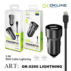 ART.OK-0266IP OKLINE Powerful 2USB Caricatore Auto 3.4A Con Iphone Lightning USB Cavo Grigio - koseakasa