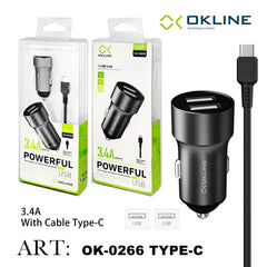 ART.OK-0266TC OKLINE Powerful 2USB Caricatore Auto 3.4A Con Type-C USB Cavo Grigio - koseakasa