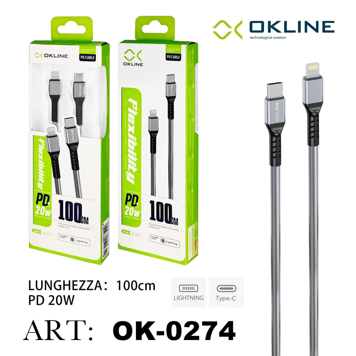 ART.OK-0274 OKLINE Type-C Iphone Lightning Cavo intrecciato  PD 20W 100cm Argento - koseakasa