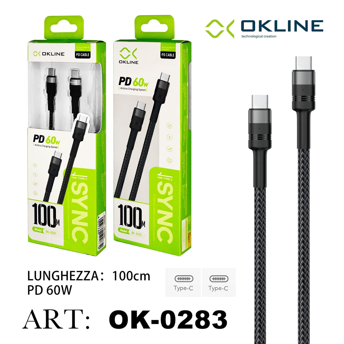 ART.OK-0283 OKLINE Type-C Type-C Cavo intrecciato 60W100cm Grigio Scuro - koseakasa
