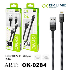 ART.OK-0284 OKLINE Iphone Lightning USB Cavo intrecciato 2.4A 200cm Grigio Scuro - koseakasa