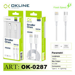 ART.OK-0287 OKLINE Type-C Iphone Lightning Cavo PD 20W 100cm Bianco - koseakasa
