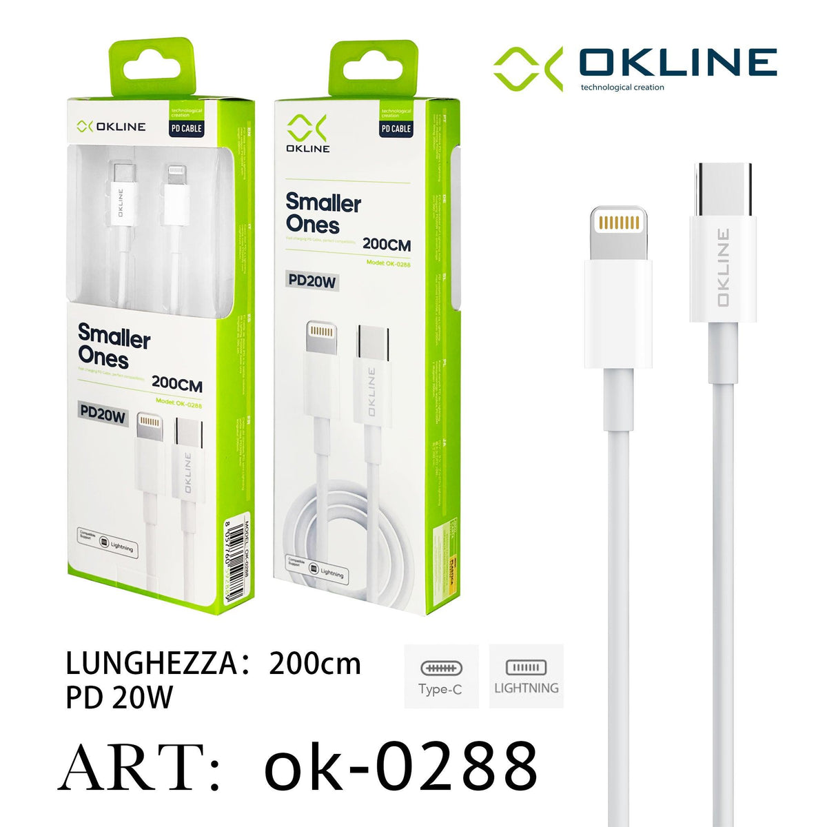 ART.OK-0288 OKLINE Type-C Iphone Lightning Cavo PD 20W 200cm Bianco - koseakasa