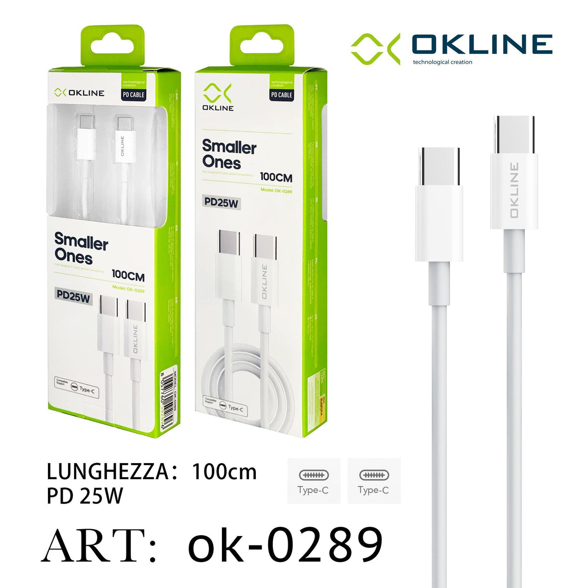 ART.OK-0289 OKLINE Type-C Type-C Cavo PD 25W 100cm Bianco - koseakasa