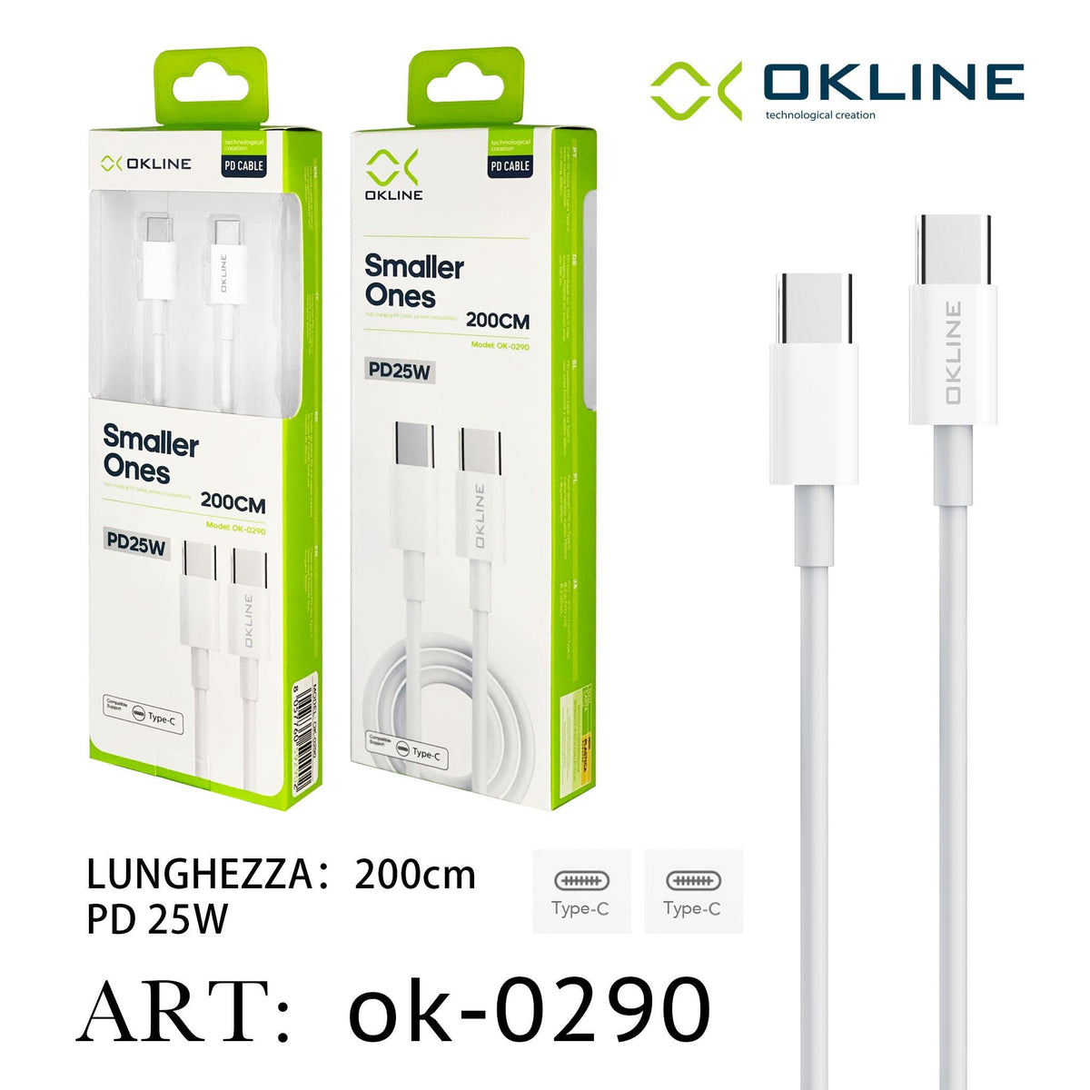ART.OK-0290 OKLINE Type-C Type-C Cavo PD 25W 200cm Bianco - koseakasa