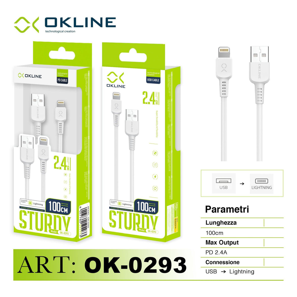 ART.OK-0293 OKLINE Iphone Lightning USB Cavo 2.4A 100cm Bianco - koseakasa