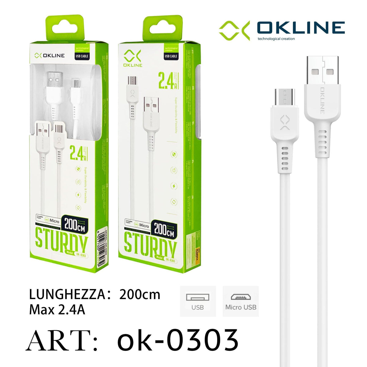 ART.OK-0303 OKLINE Micro USB Cavo 2.4A 200cm Bianco - koseakasa