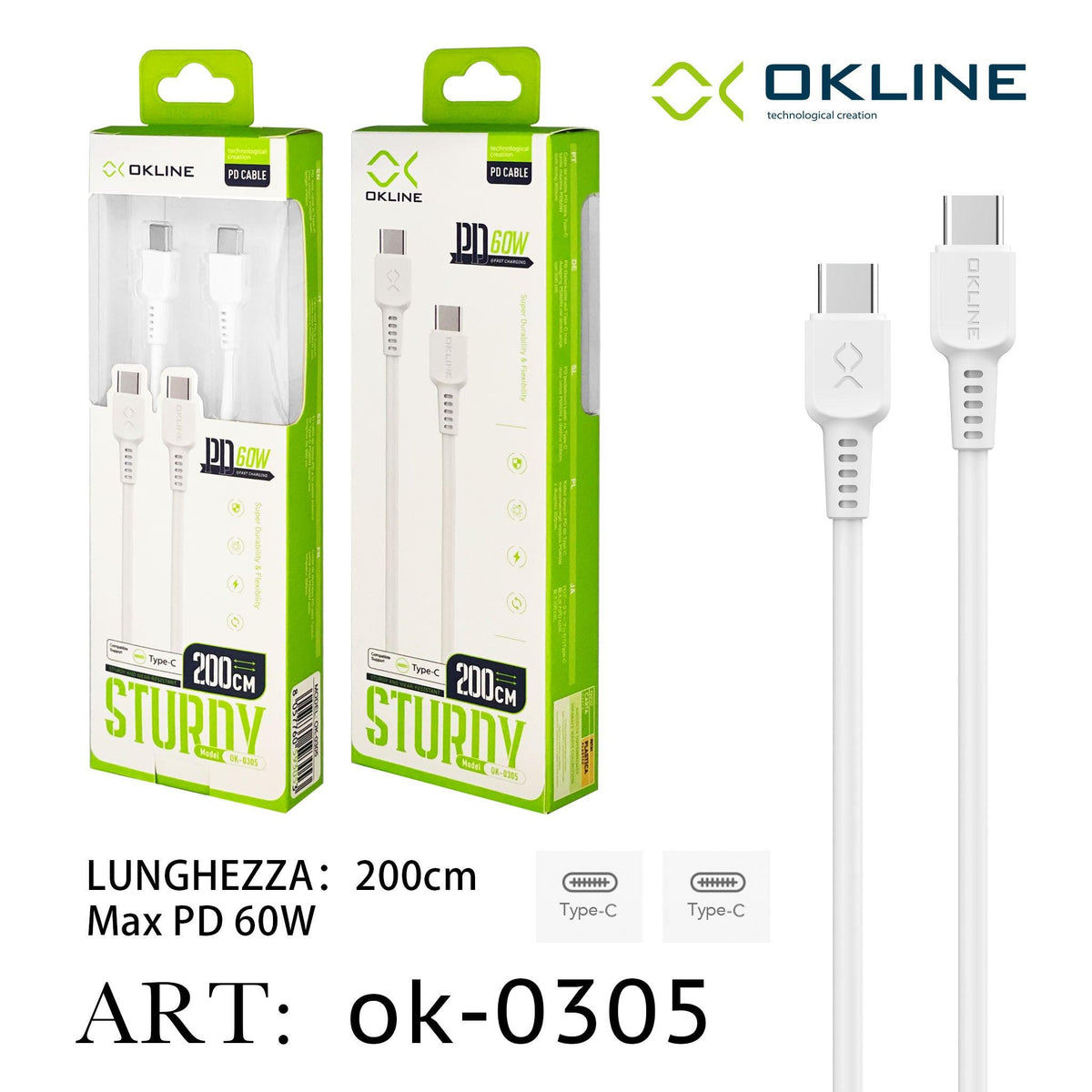 ART.OK-0305 OKLINE Type-C Type-C Cavo 60W200cm Bianco - koseakasa