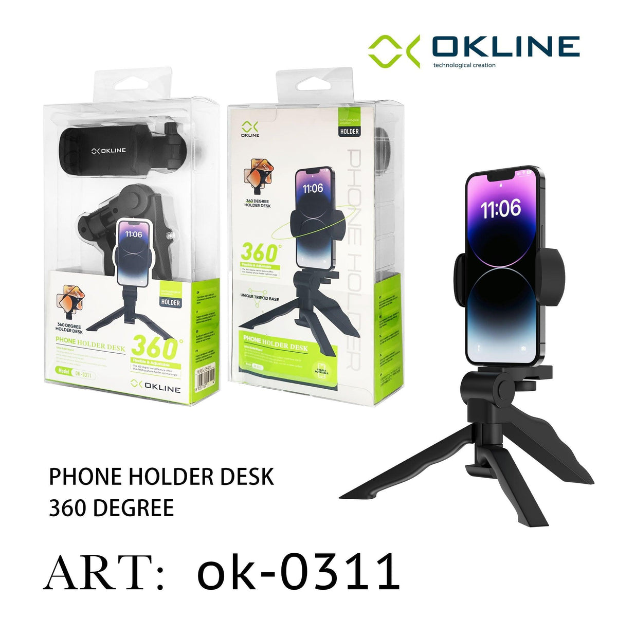 ART.OK-0311 OKLINE 360 GRADI SUPPORTO CON TREPPIEDE PER TELEFONO NERO - koseakasa
