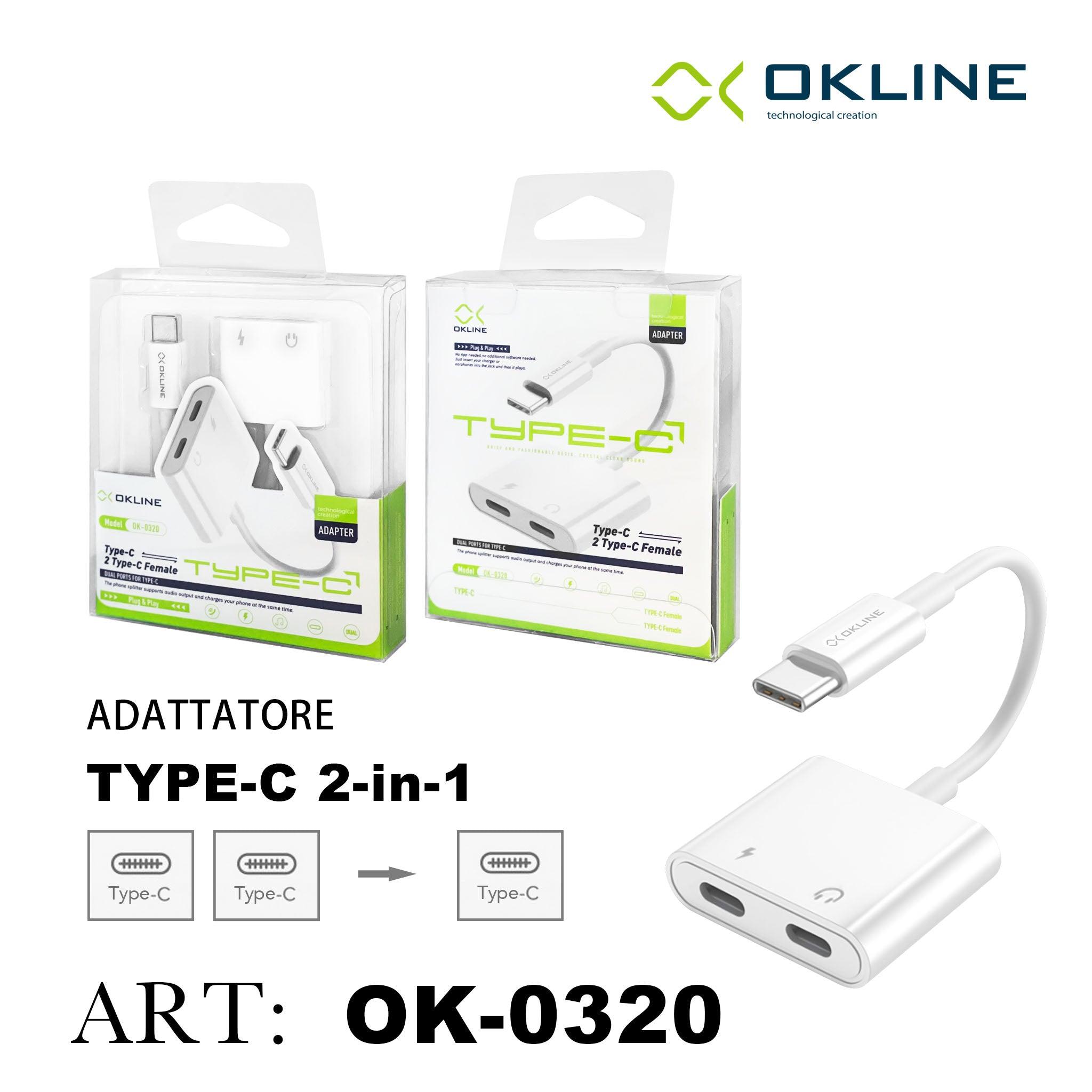 ART.OK-0320 OKLINE 2IN1 ADATTATORE TYPE-C A 2 TYPE-C F AUDIO E RICARICA BIANCO - koseakasa