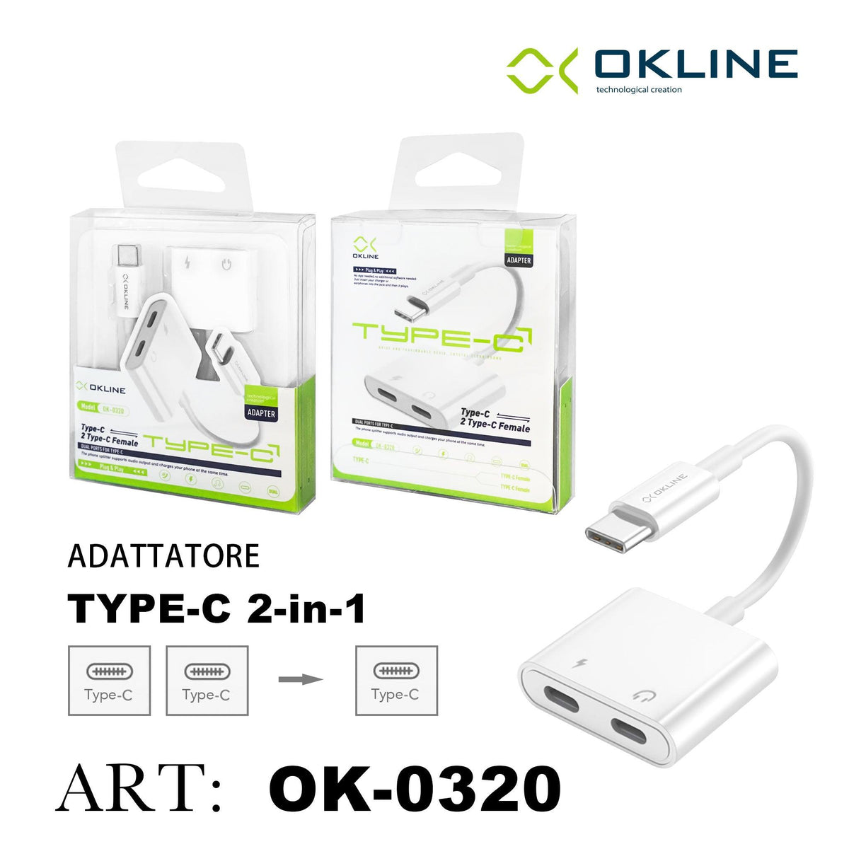 ART.OK-0320 OKLINE 2IN1 ADATTATORE TYPE-C A 2 TYPE-C F AUDIO E RICARICA BIANCO - koseakasa