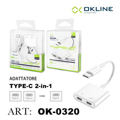 ART.OK-0320 OKLINE 2IN1 ADATTATORE TYPE-C A 2 TYPE-C F AUDIO E RICARICA BIANCO - koseakasa