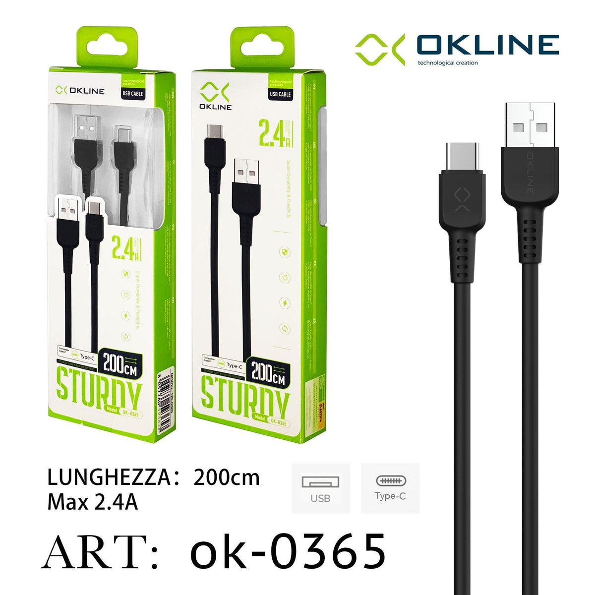 ART.OK-0365 OKLINE Type-C USB Cavo 2.4A 200cm Nero - koseakasa