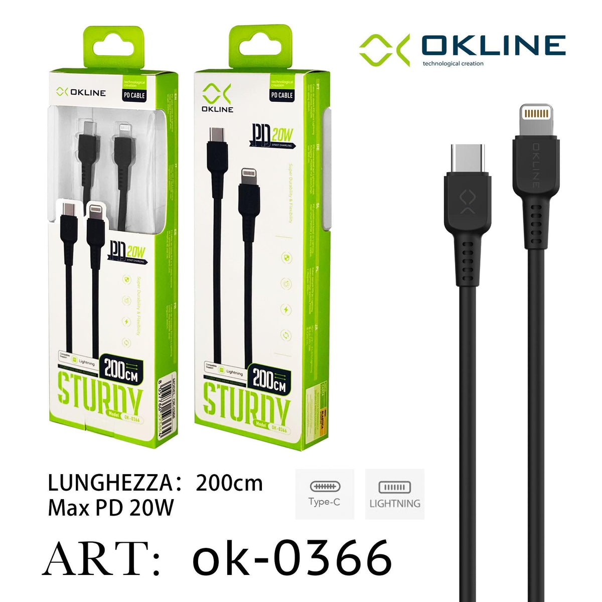 ART.OK-0366 OKLINE Type-C Iphone Lightning Cavo 20W200cm Nero - koseakasa