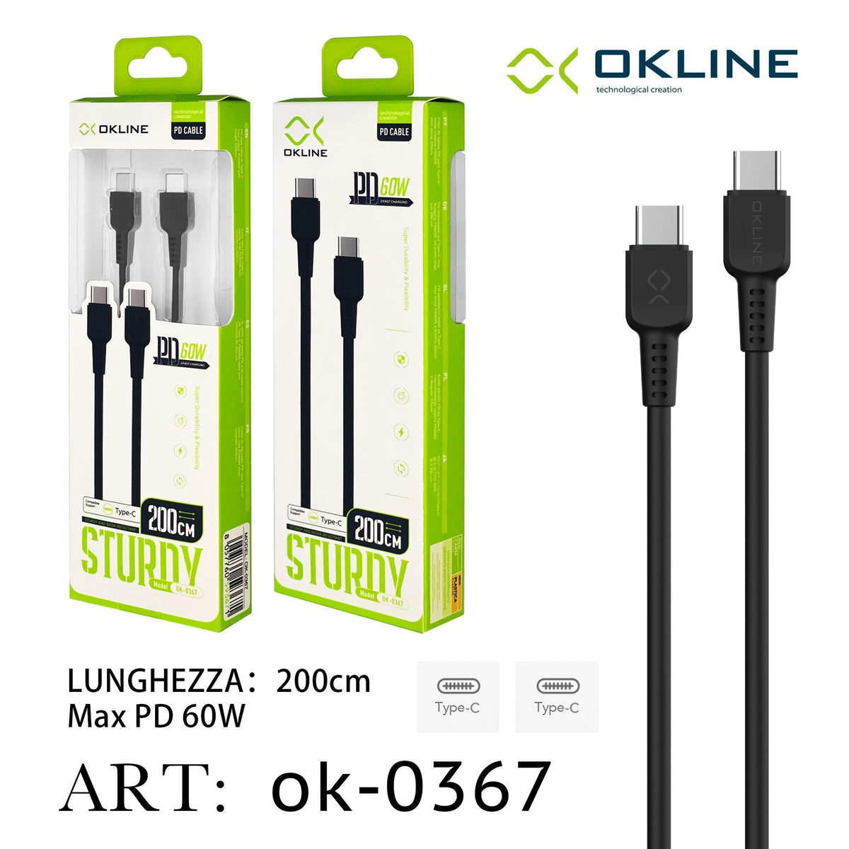 ART.OK-0367 OKLINE Type-C Type-C Cavo 60W200cm Nero - koseakasa