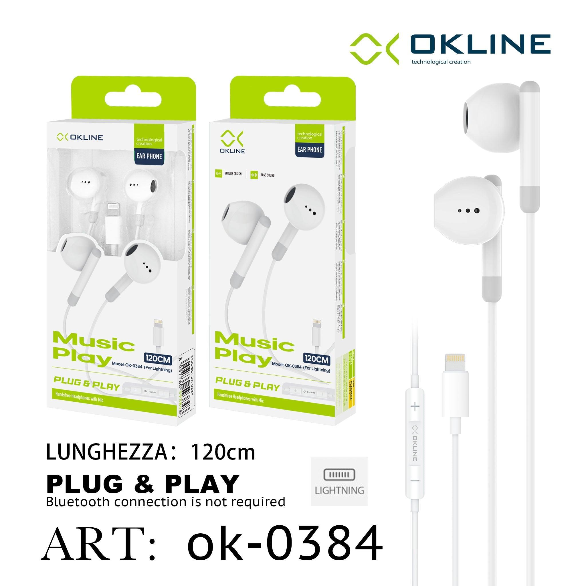 ART.OK-0384 OKLINE AURICOLARE PLUG PLAY A FILO INTRECCIATO IPHONE LIGHTNING BIANCO - koseakasa
