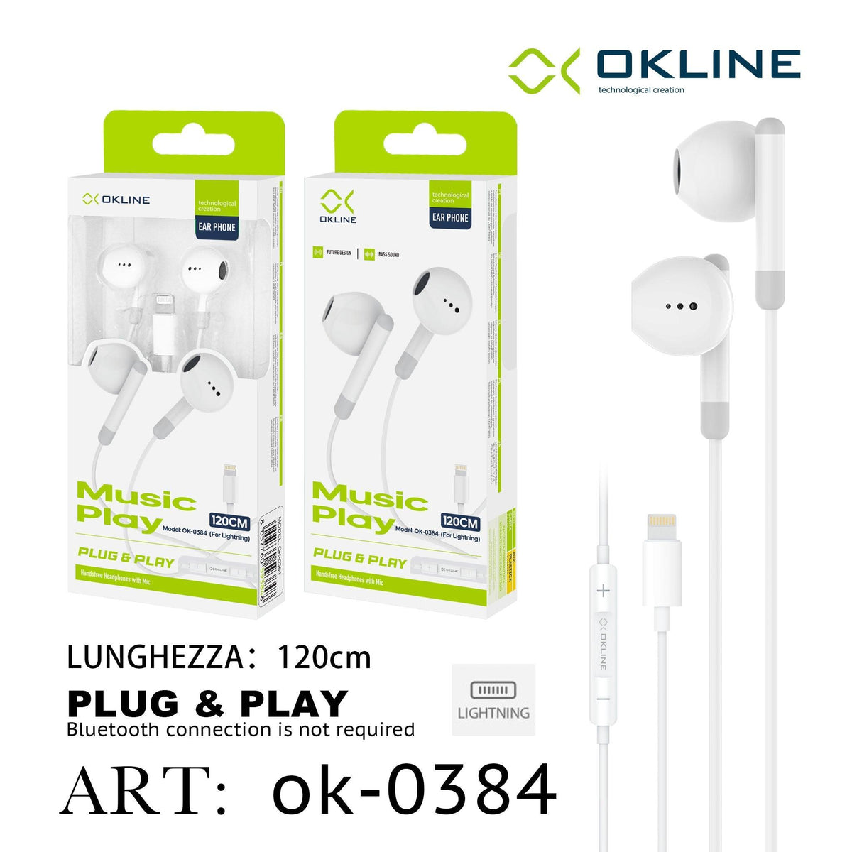 ART.OK-0384 OKLINE AURICOLARE PLUG PLAY A FILO INTRECCIATO IPHONE LIGHTNING BIANCO - koseakasa