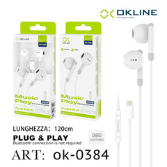 ART.OK-0384 OKLINE AURICOLARE PLUG PLAY A FILO INTRECCIATO IPHONE LIGHTNING BIANCO - koseakasa