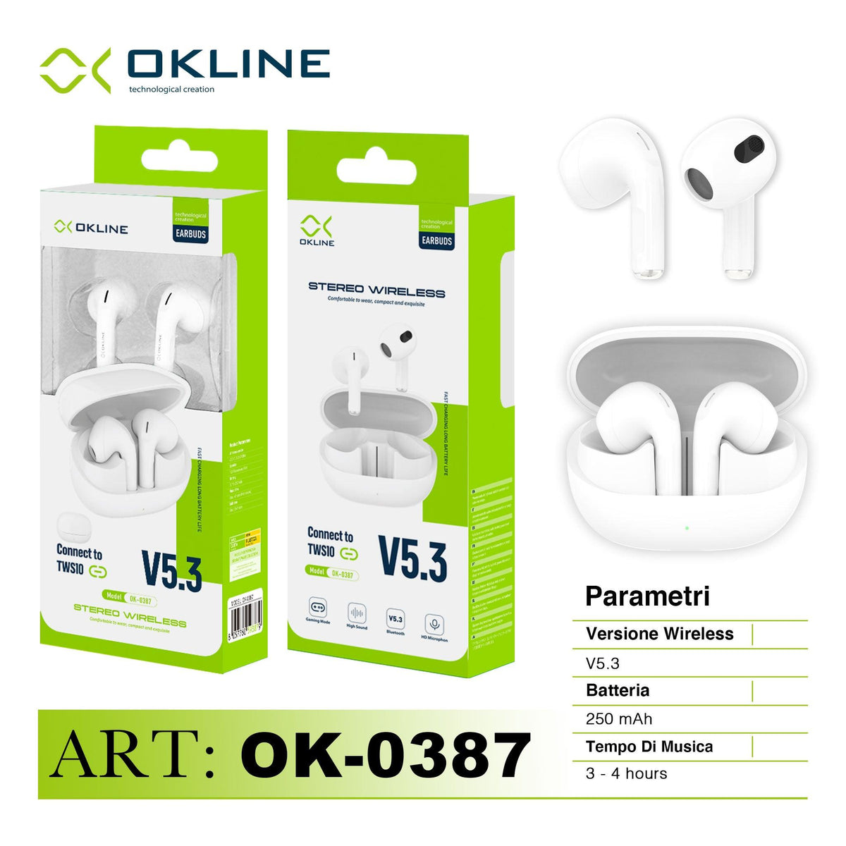 ART.OK-0387 OKLINE V5.3 STEREO CUFFIE WIRELESS BIANCO - koseakasa