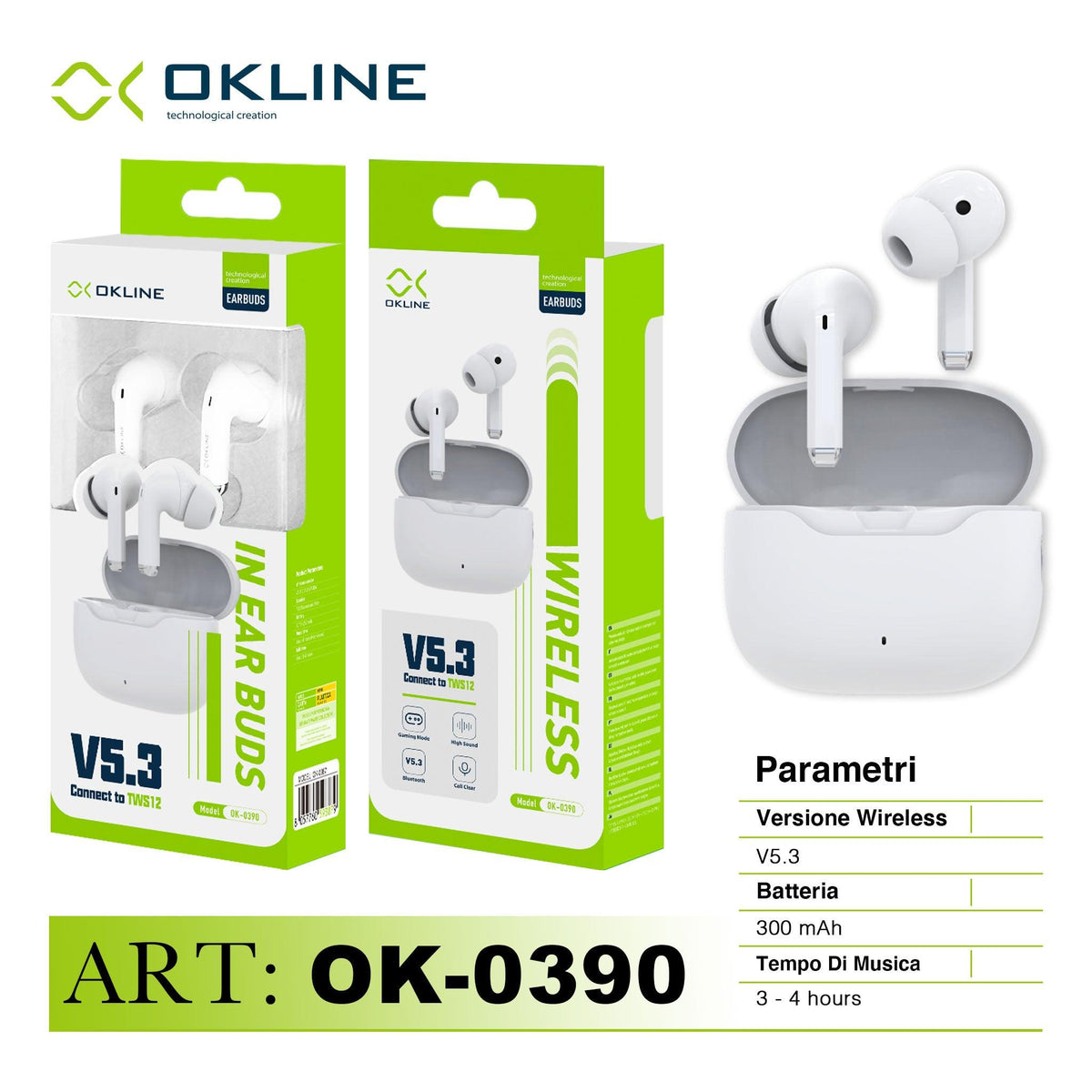 ART.OK-0390 OKLINE V5.3 EARBUDS CUFFIE WIRELESS BIANCO - koseakasa