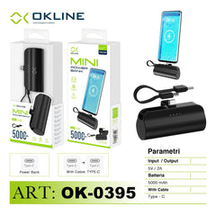 ART.OK-0395 OKLINE MINI POWER BANK 5000mAH CON TYPE-C CAVO E TYPE-C OUTPUT NERO - koseakasa