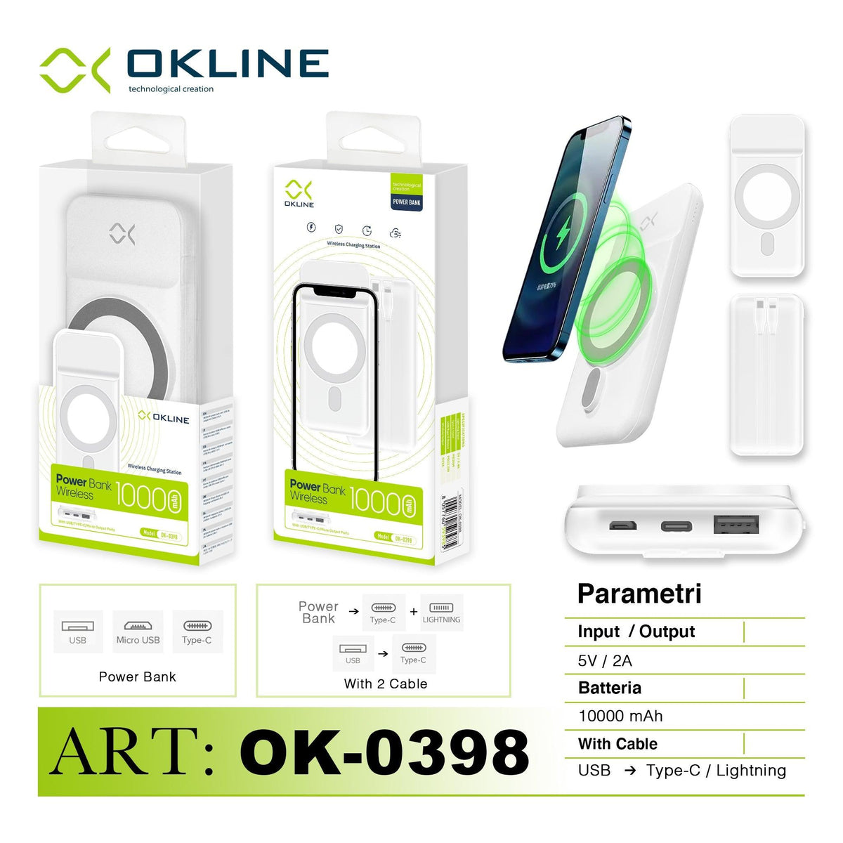 ART.OK-0398 OKLINE WHITE POWER BANK WIRELESS 10000mAh - koseakasa