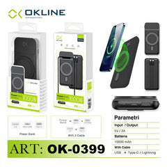 ART.OK-0399 OKLINE BLACK POWER BANK WIRELESS 10000mAh - koseakasa