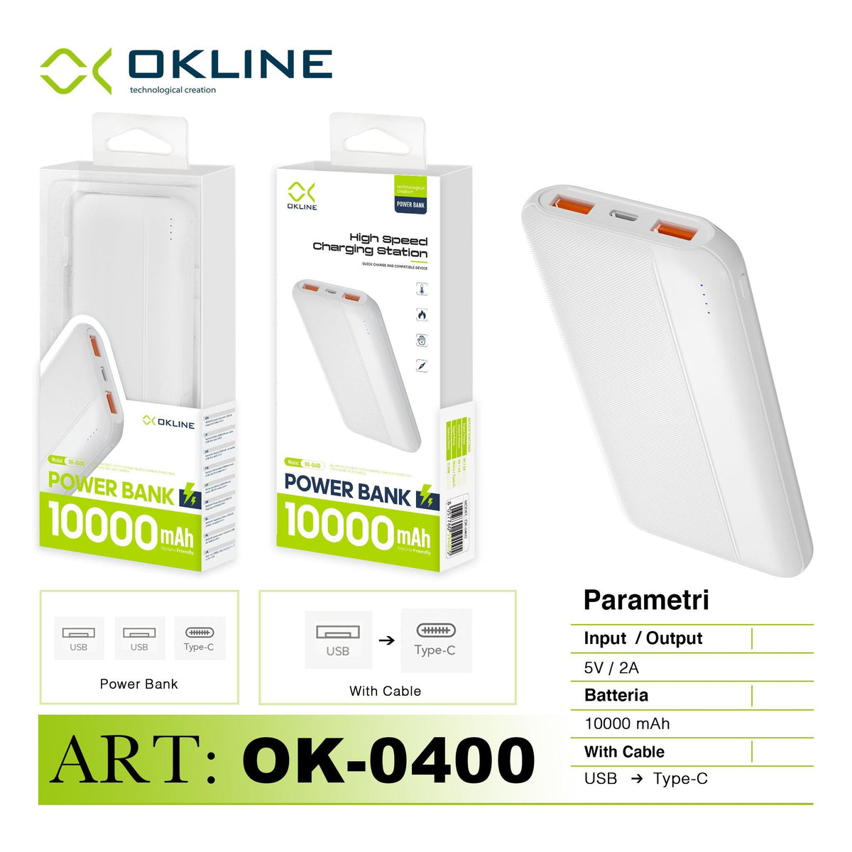 ART.OK-0400 OKLINE CON USCITA 2 USB A POWER BANK 10000mAH BIANCO - koseakasa
