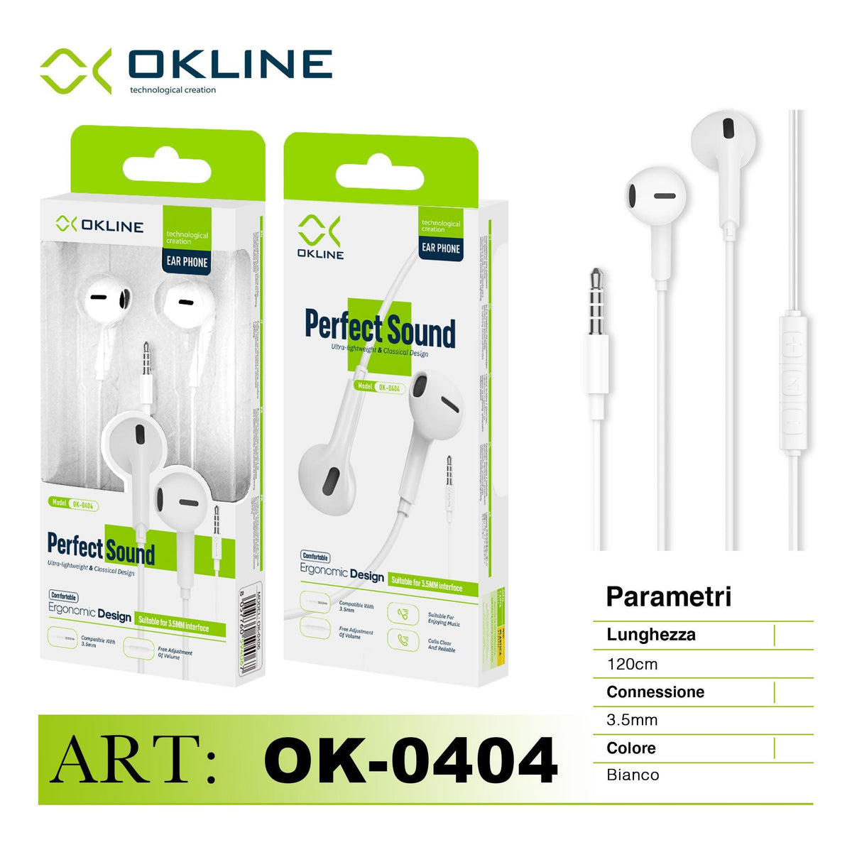 ART.OK-0404 OKLINE PERFECT SOUND AURICOLARE A FILO 3.5MM BIANCO - koseakasa