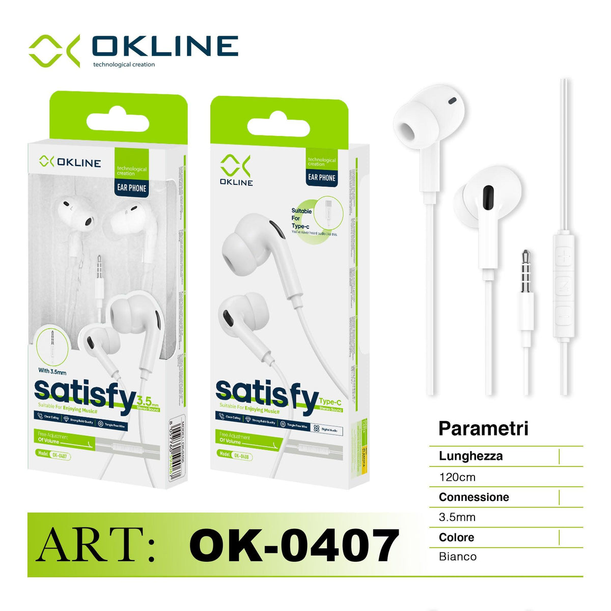 ART.OK-0407 OKLINE SATISFY STEREO AURICOLARE A FILO 3.5MM BIANCO - koseakasa